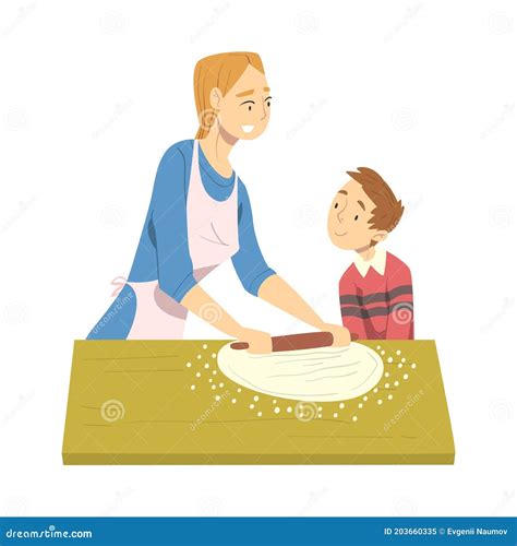 Mamá Y Su Hijo Lanzan La Masa En La Cocina Padre Pasando Tiempo Con Su
