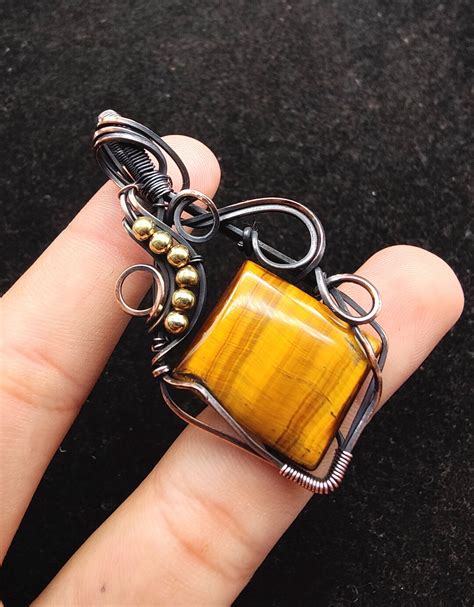 Natural Tigers Eye Copper Wire Wrapped Pendant Handmade Jewelry Tigers