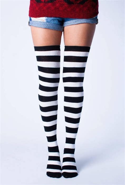 Black And White Striped Thigh High Socks Etsy Thigh High Socks