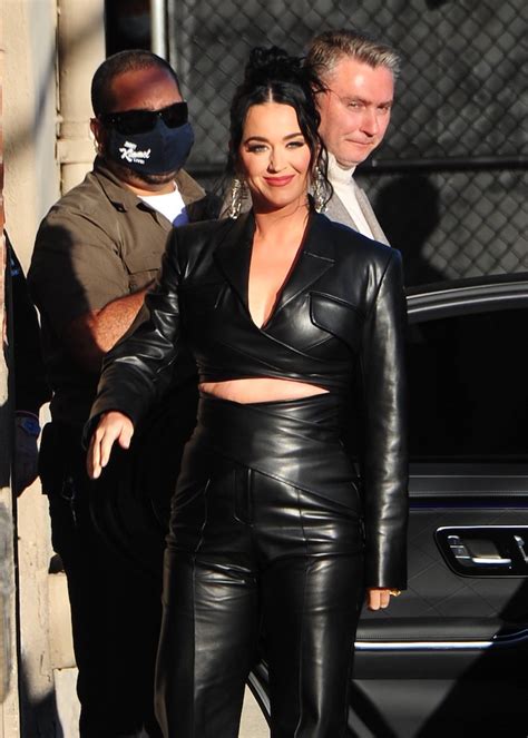 Katy Perry Wears All Black Leather Outfit Platforms On Jimmy Kimmel
