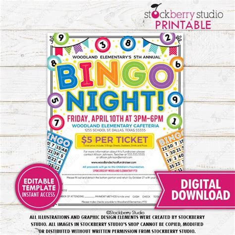Bingo Night Form Flyer Printable Fundraiser Community Event Etsy