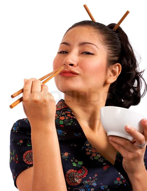 Japanese Cute Girl Eating With Chop Sticks Stock Image Colourbox