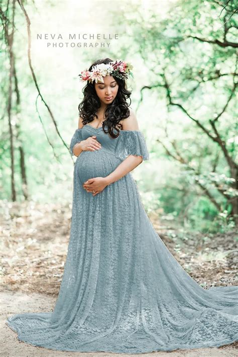Flare Sleeve Lace Maternity Photography Dress See Through Fitting