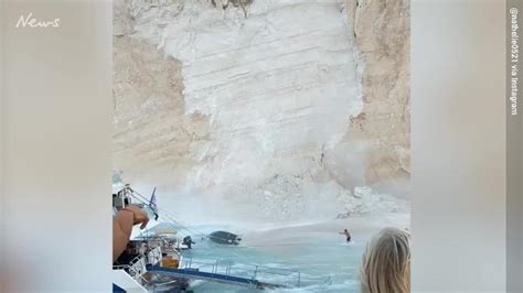Zante Landslide Greece Tourists Run As Rocks Fall On Beach Video