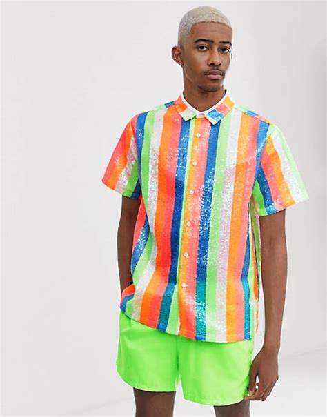 Asos Design Regular Fit Sequin Shirt In Pastel Rainbow Asos