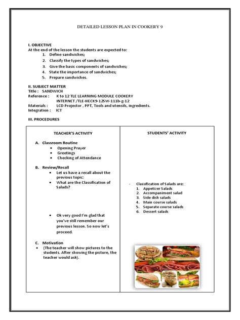 Detailed Lesson Plan In Cookery Sandwich Fast Food