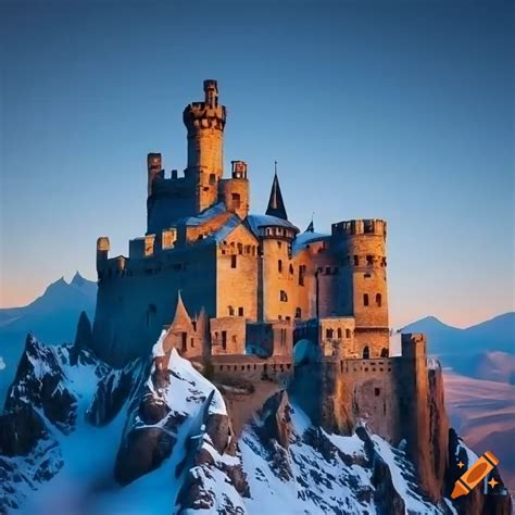 Snowy Mountain Peak With Medieval Castle On Top