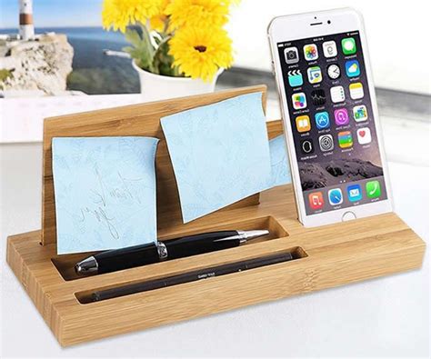 Bamboo Wood Office Desk Organizer Mobile Phone Stand Handmade Wooden