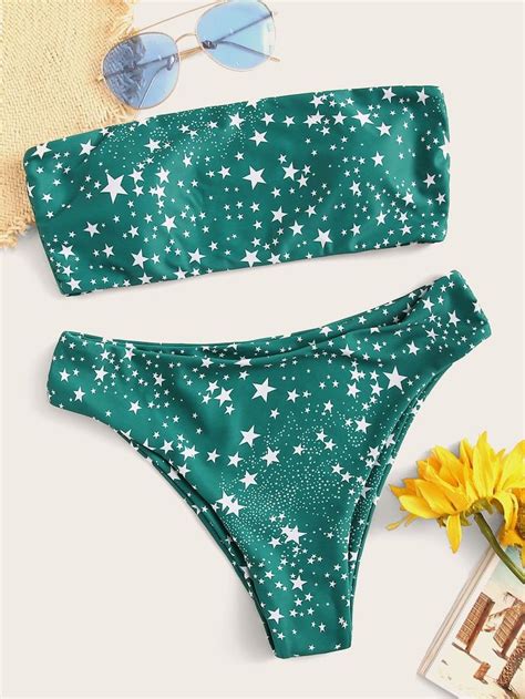 Cheap Set For 12 ROMWE Star Print Bandeau With Panty Bikini Set