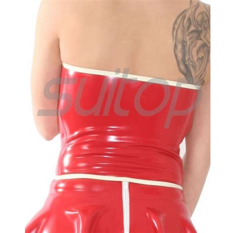 suitop sexy women s rubber latex tube tops with front white zip in red with white trim color