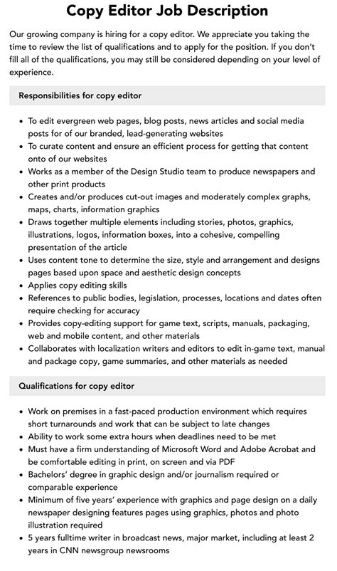 Copy Editor Job Description Velvet Jobs