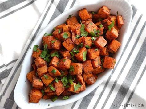 Simple roasted sweet potatoes with just a hint of spice. Chili Roasted Sweet Potatoes - Budget Bytes