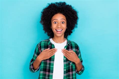 Photo Of Funny Excited Positive Lady Omg Reaction Hands Chest Wear Checkered Shirt Isolated Teal
