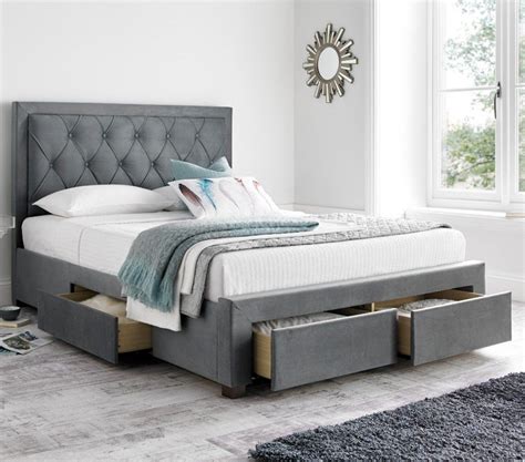 Woodbury Grey Velvet Fabric 4 Drawer Storage Bed Storage Bed Bed