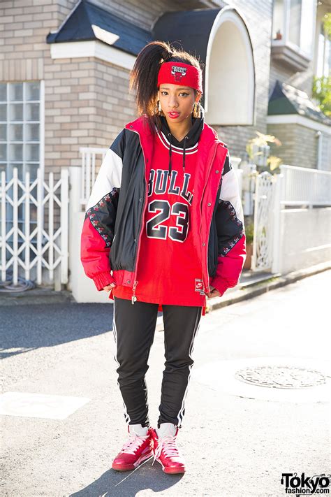 Harajuku Girl In Chicago Bulls Bomber Jacket Adidas And Air Jordans