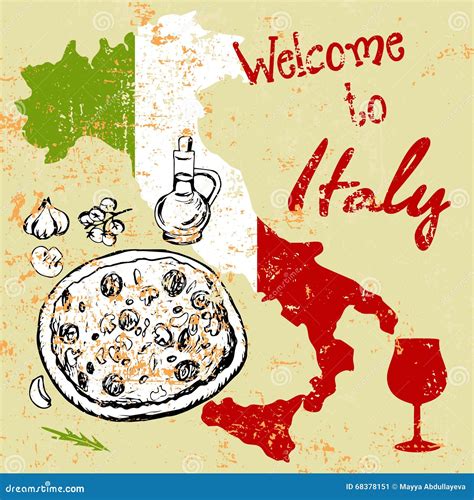 Italian Map With Pizza And Vine Stock Vector Illustration Of Garlick