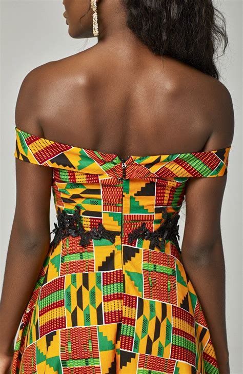 Kente African Print High Low Off Shoulder Dress Lace Waistband Kenya Off Shoulder Dress