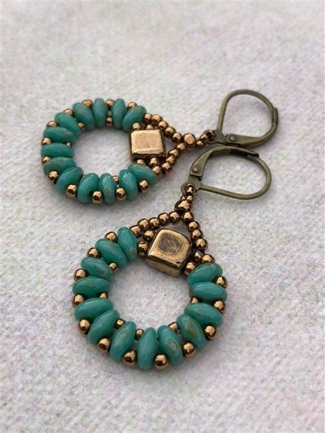 Turquoise And Bronze Beadwork Dangle Earrings Czech Super Duo Seed Bead