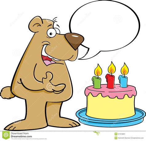 Cartoon Bear With A Speech Balloon And A Birthday Cake Stock Vector