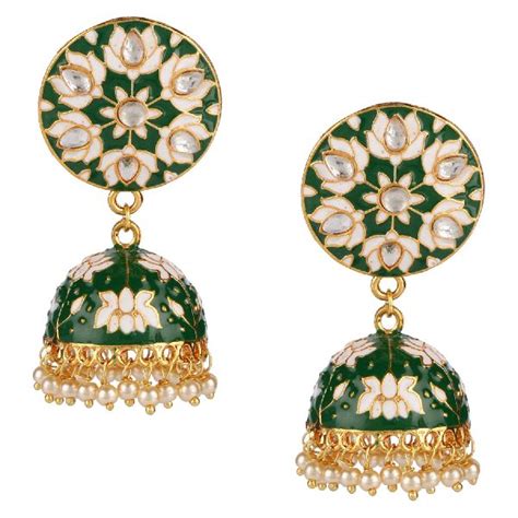 Indian Bollywood 14k Gold Plated Traditional Wedding Green Jhumka Jhumki Earrings Jewelry Set At