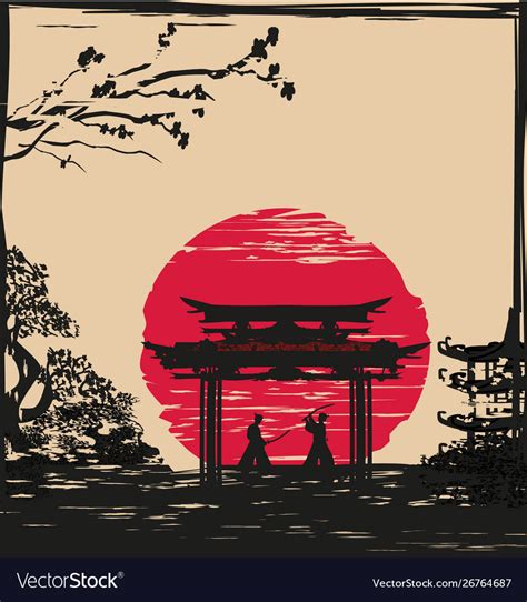 Japanese Samurai Fighters Silhouette On Asian Vector Image