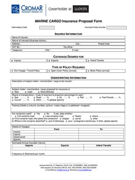 Gr Cromar Marine Cargo Insurance Proposal Form Fill And Sign