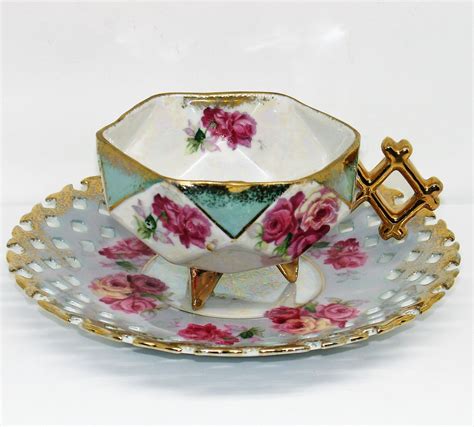 Lipper And Mann Royal Halsey Footed Teacup And Saucer Pink Roses Gilt Lattice By