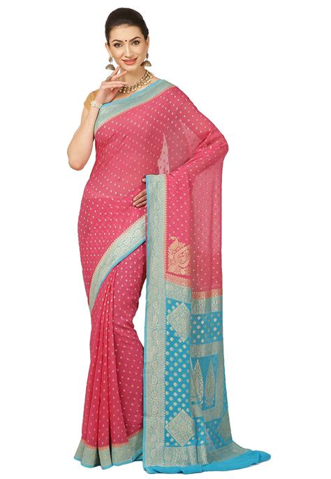 Pure Banarasi Georgette Silk Saree In Coral Pink Suna379