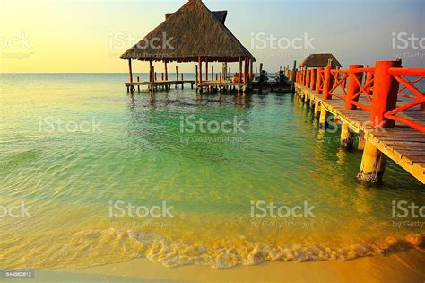 Gazebo Palapa Dock Idyllic Beach Sunset Cancun Mexican Caribbean Stock