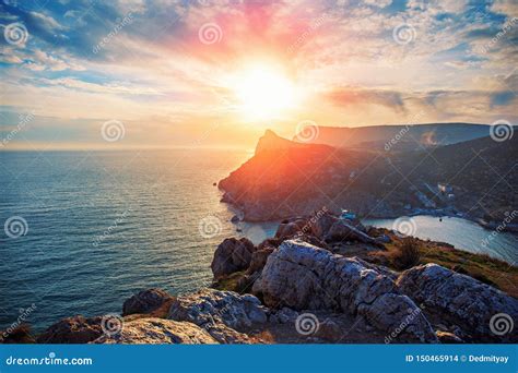 Dramatic Sunset Over Crimean Rock Cliff Beautiful Sea Nature Landscape