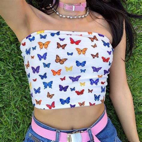 Sexy Casual Strapless Tank Top Multicolor Butterfly Print Women Bustier Boob Tube Crop Top