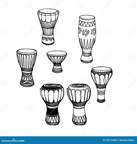 A Set Of Percussion Musical Instruments African Drums Djembe Conga
