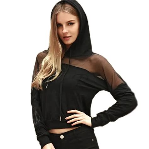 Black Women Hooded Sweatshirts 2016 Autumn Sexy Mesh Patchwork Pullover