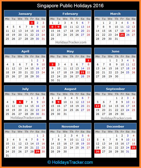 With the exception of independence day, veterans day, thanksgiving day and christmas day, all federal holidays are observed on a monday. Singapore Public Holidays 2016 - Holidays Tracker
