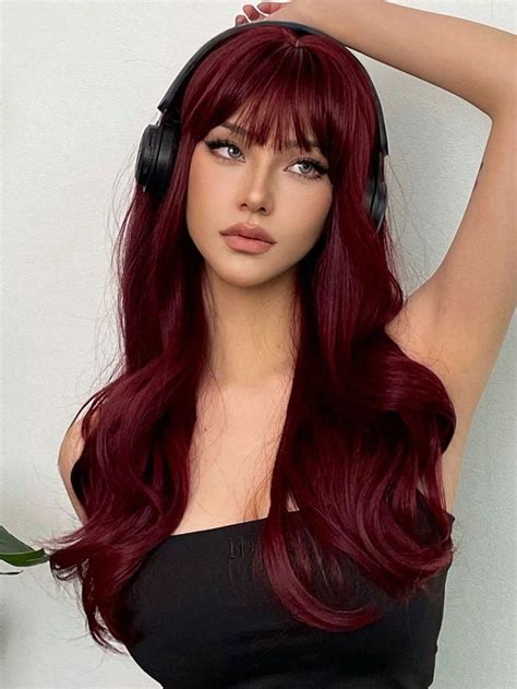 Long Curly Synthetic Wig With Bangs Wine Red Hair Red Hair Inspo Burgundy Hair