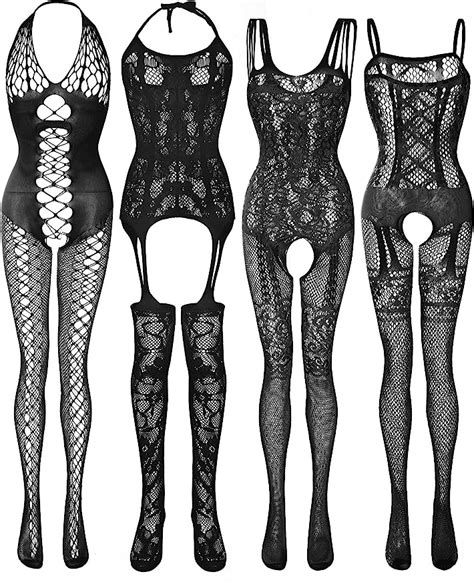 4 Pieces Women Mesh Lingerie Stockings Fishnet Dresses Hollow Fishnet Bodysuits Black M L