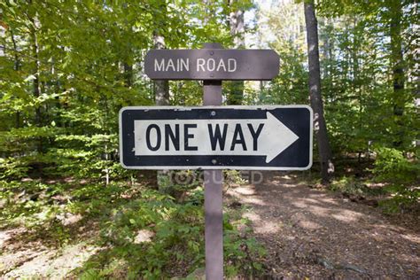 One Way Sign In Woods — Journey Text Stock Photo 179968614