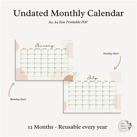 Undated Monthly Calendar Aesthetic Pink Printable 2022 Etsy