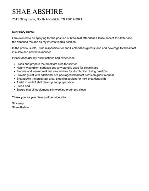 Breakfast Attendant Cover Letter | Velvet Jobs