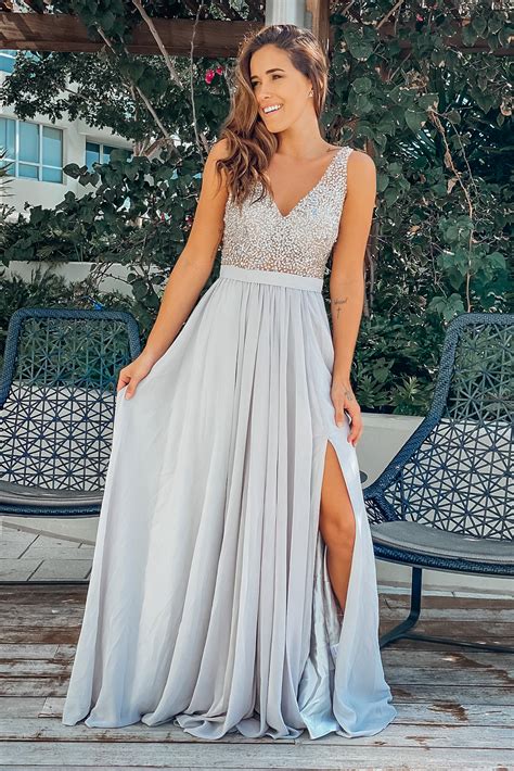 Light Gray Maxi Dress With Silver Jewels Formal Dresses Saved By