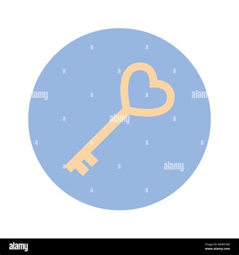 Golden Key In Heart Shape Icon On Blue Round Background Isolated Stock