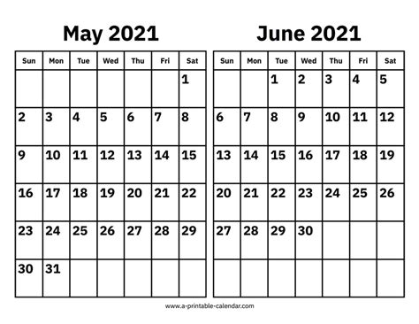 May And June 2021 Calendar A Printable Calendar