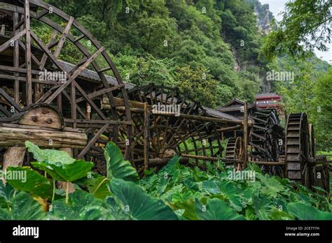 Old Mill Wooden Water Wheels In China Stock Photo Alamy