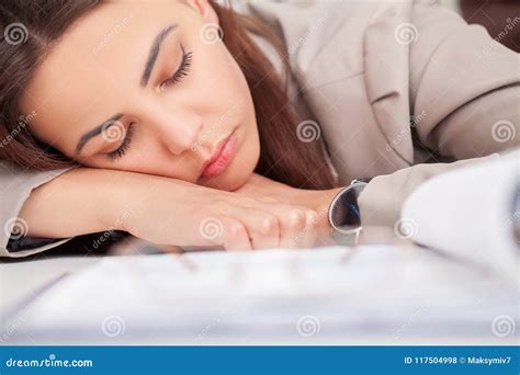 Young Tired Woman At Office Desk Sleeping With Eyes Closed Sleep