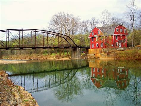 War Eagle Mills Arkansas River House Mills Reflection Red Bridge Trees Sky Water Hd