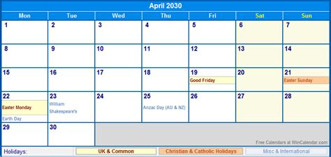 April 2030 Uk Calendar With Holidays For Printing Image Format