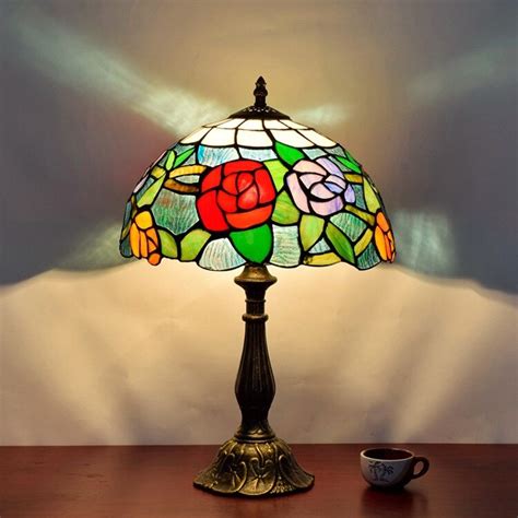 Vintage Retro Rose Stained Glass Lampshade Tiffany Table Lamp Country
