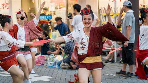 Japanese Performers Dancing Traditional Awaodori Dance In The Famous