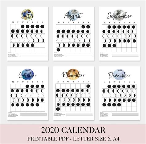 2020 Lunar Phase Calendar 2020 Moon Calendar 2020 Full Moon Etsy
