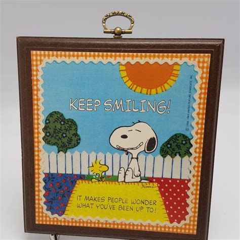 Snoopy Keep Smiling Wood Plaque Hallmark Woodstock Vintage Quilt Patchwork Snoopy And